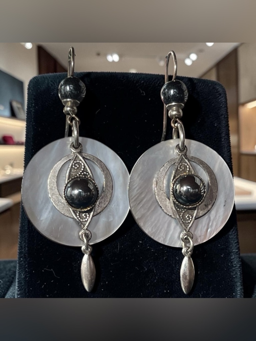 925 Silver Mother of Pearl Tahitian Pearl Hematite Drop Earrings